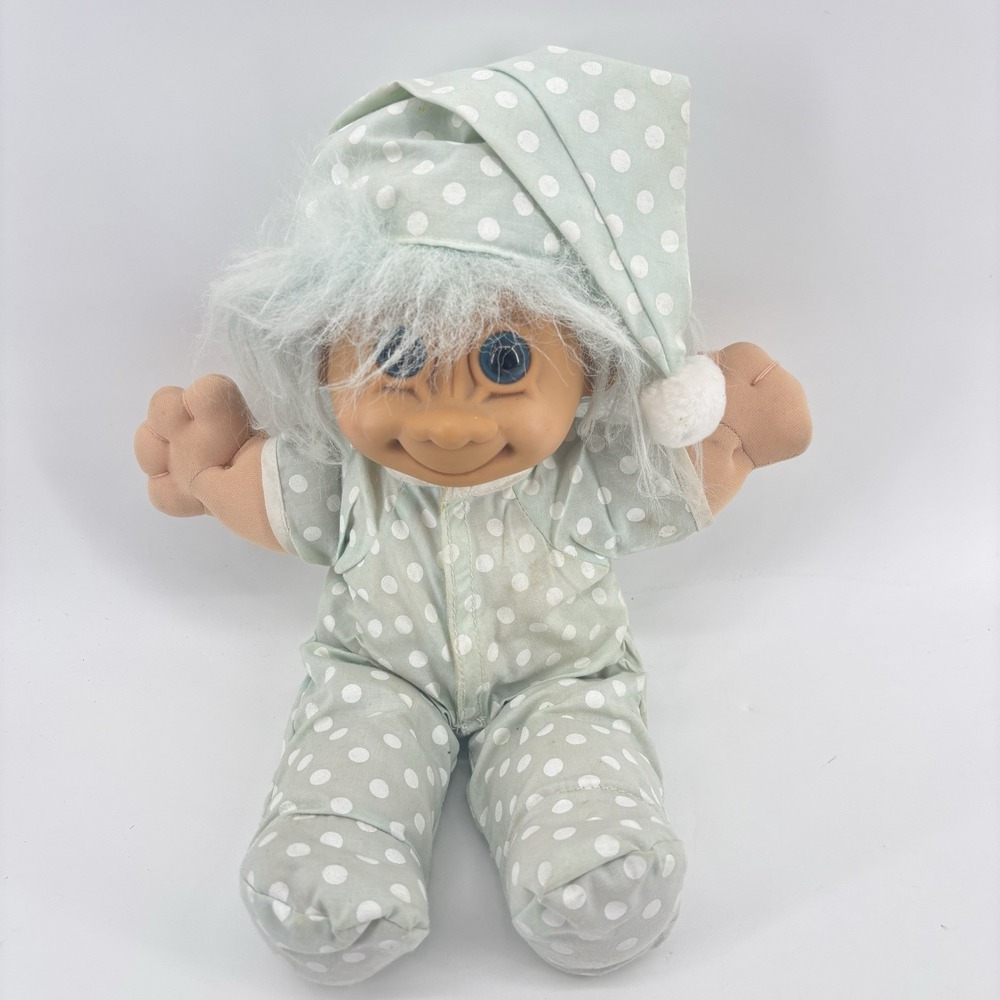 Russ Troll Kidz Spanky Doll Blue Polka Dot Pajamas Blue Hair 12" 90s Nostalgia